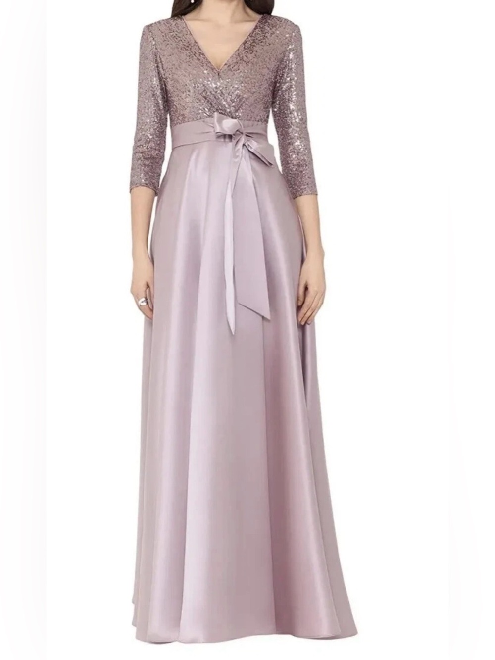 Xscape Rose pink Sequin Bodice Satin A-Line Gown with Waist Tie